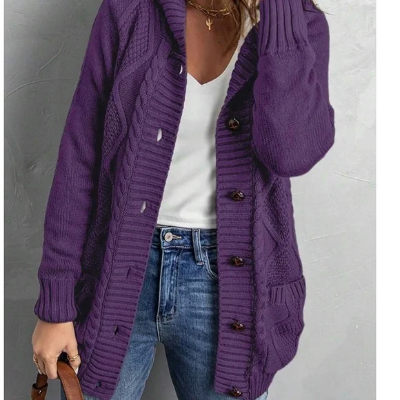 Cozy Teddy Lined Cable knit Hoodie Cardigan Jacket Shacket - Picture 9 of 11